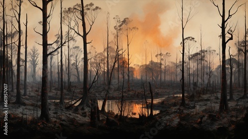 Burnt forest after strong firy  an apocalypse concept