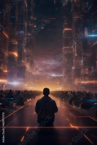 A young person with their back turned in a meeting in a futuristic world