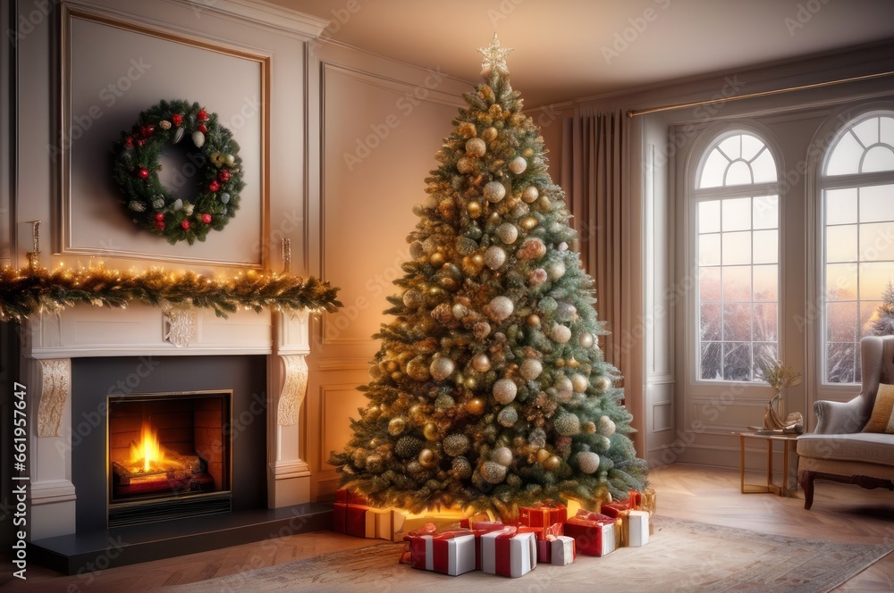 Christmas holiday home background. Warm cozy burning fireplace and Xmas tree decorated, season greetings card template, banner