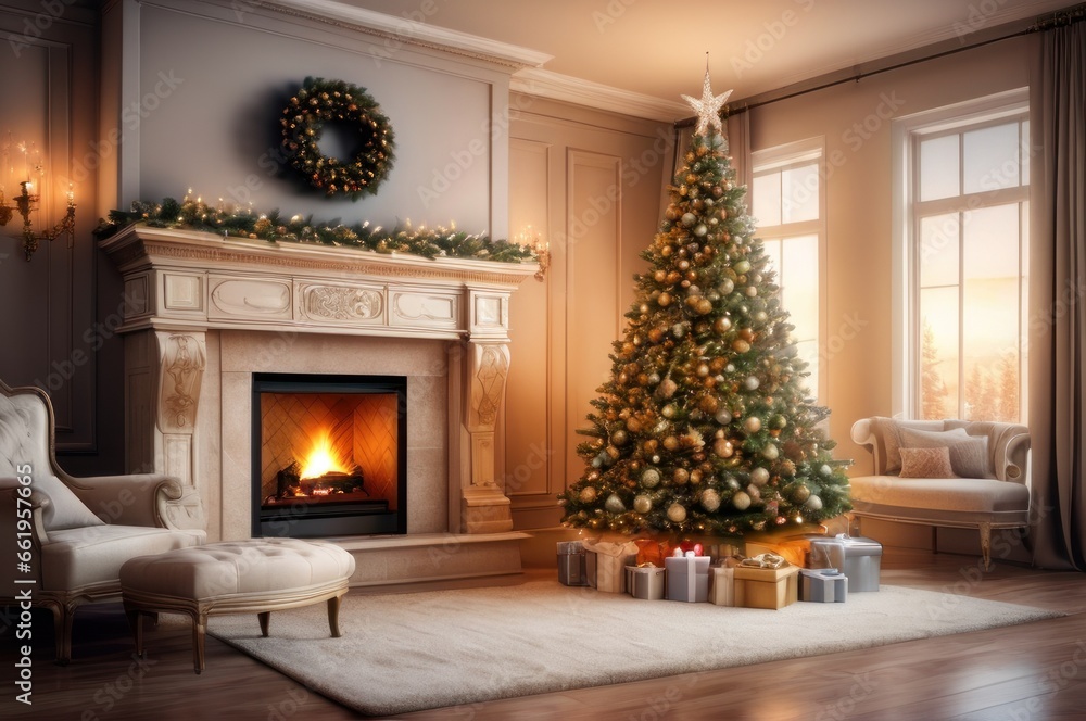 Fototapeta premium Christmas holiday home background. Warm cozy burning fireplace and Xmas tree decorated, season greetings card template, banner
