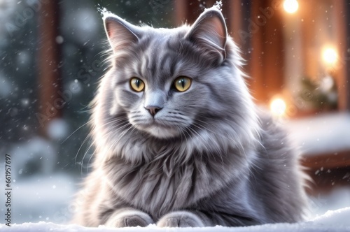 A fluffy gray cat sitting in the snow on Christmas eve. New year greeting card concept