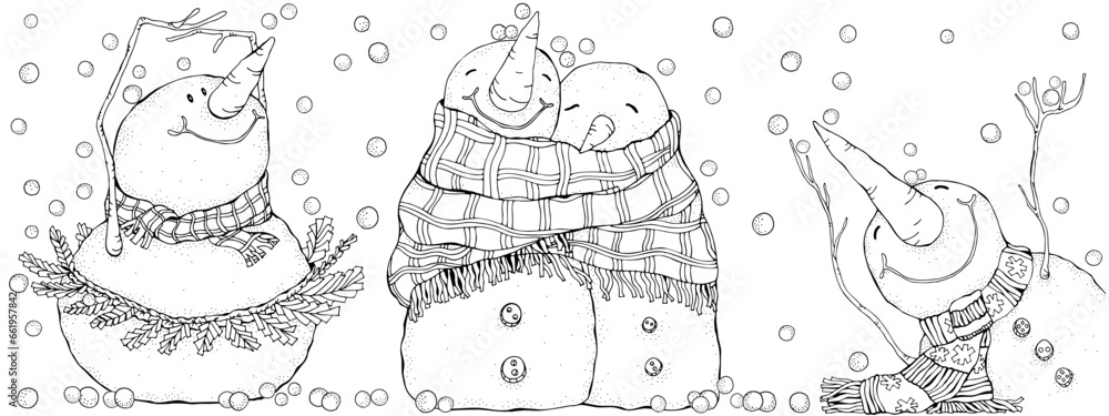 Fototapeta premium Smiling Snowmen. Ballet dancer, Cute Pair. Winter. Christmas, Happy New Year. Adult Coloring Book page. Black and white. Doodle.