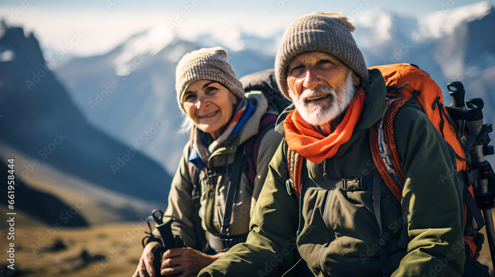 
elderly couple trekking in Bariloche, Argentine Patagonia, traveling through Latin America, nomadic style