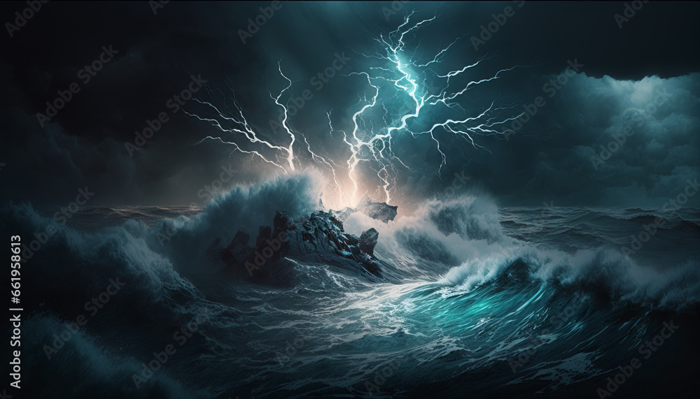 Lightning storm at sea, with a powerful and dangerous presence and a sense of raw energy and power. Generative AI - obrazy, fototapety, plakaty 