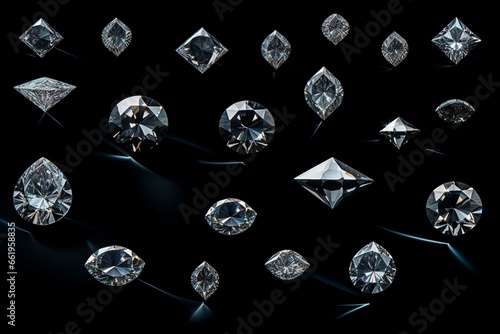 Collection of assorted diamond shapes displayed on black background. Generative AI