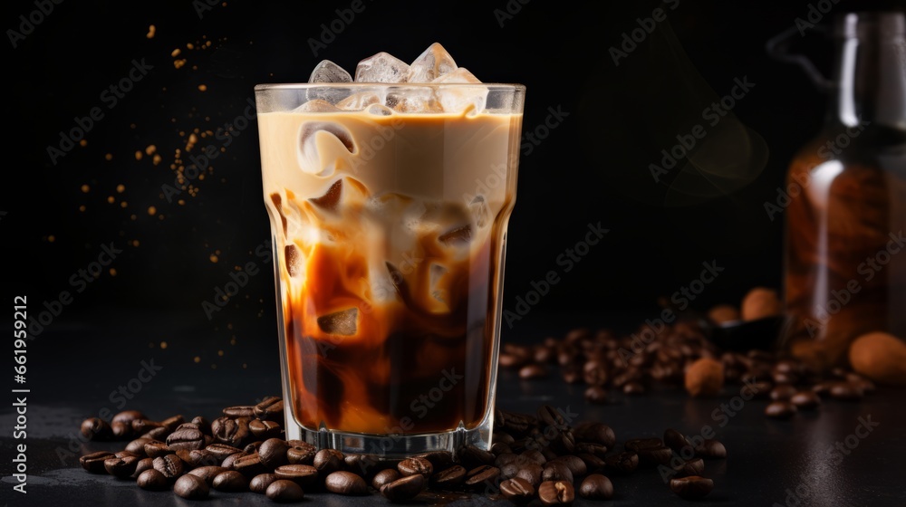 Iced coffee with ice cubes and coffee beans on a black background Iced coffee with ice cubes and coffee beans on a black background