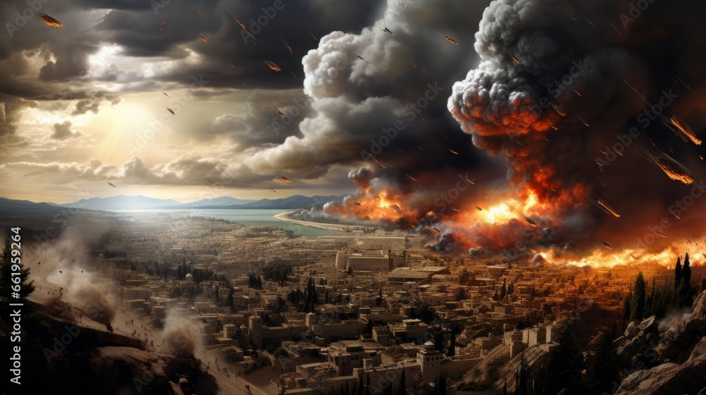 Conceptual image of disaster with city destroyed by fire and smoke