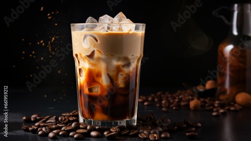 Iced coffee with ice cubes and coffee beans on a black background