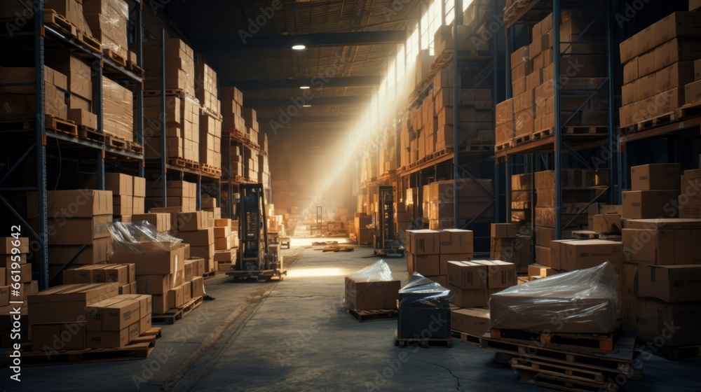 High angle view of warehouse with pallets and boxes. Industrial background High angle view of warehouse with pallets and boxes. Industrial background