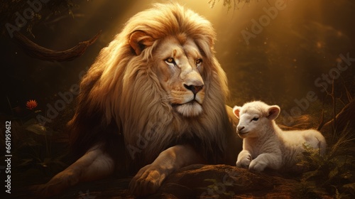 Lion and lioness with a lamb in the forest