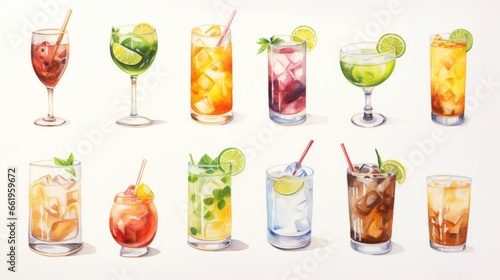 Cocktails collection on a white background. Watercolor