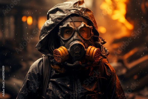 Eerie Man gas mask. War nuclear smoke. Generate Ai