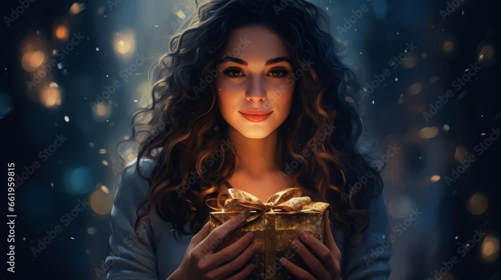Beautiful young woman with a gift box in her hands on a dark background - obrazy, fototapety, plakaty 