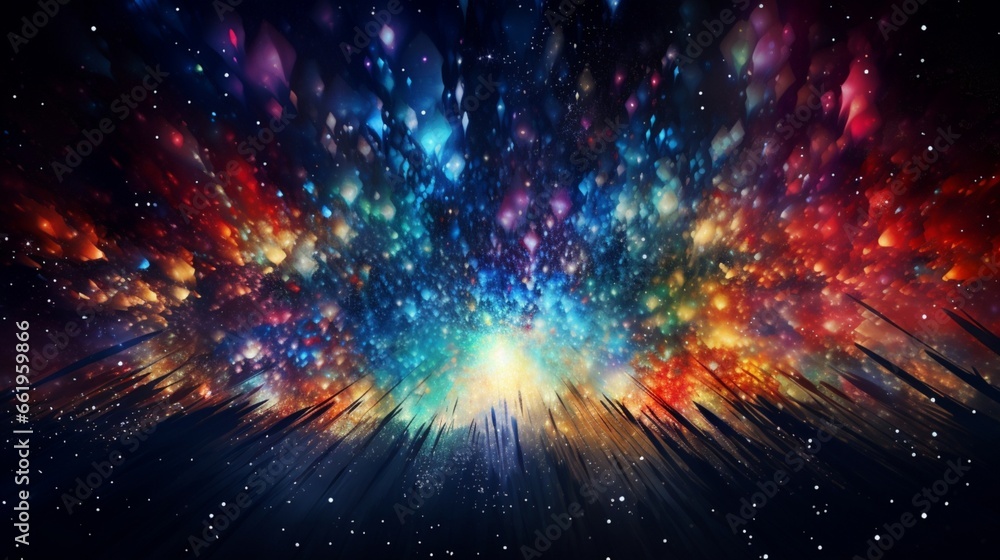 Design a space-themed abstract artwork reminiscent of cosmic fireworks exploding in the night sky.