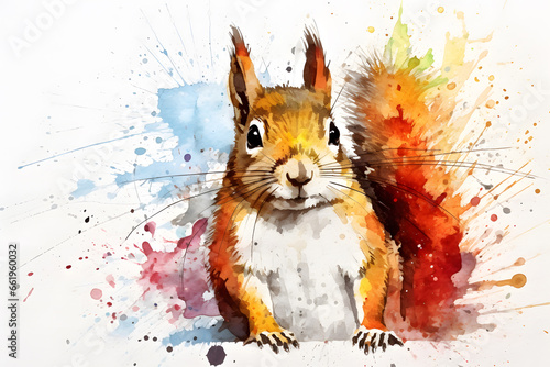 Modern colorful watercolor painting of a squirrel, textured white paper background, vibrant paint splashes. Created with generative AI