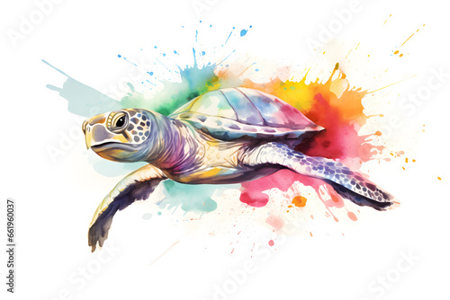 Modern colorful watercolor painting of a turtle or tortoise, textured white paper background, vibrant paint splashes. Created with generative AI