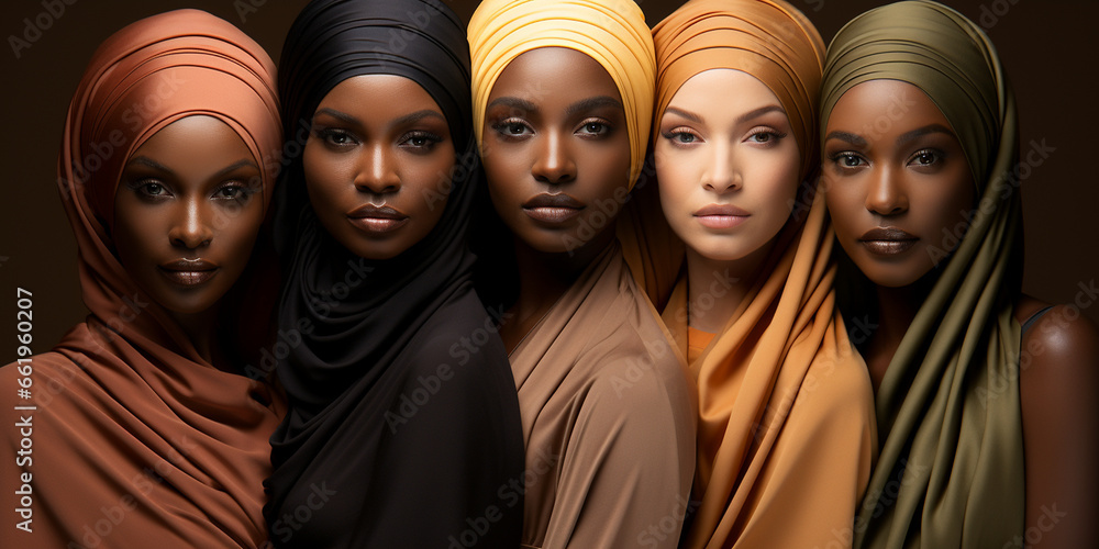 Multikulti Freundinnen als Porträt in Fashion Kleidung mit Kopftuch im Querformat als Banner, ai generativ Multikulti Freundinnen als Porträt in Fashion Kleidung mit Kopftuch im Querformat als Banner, ai generativ