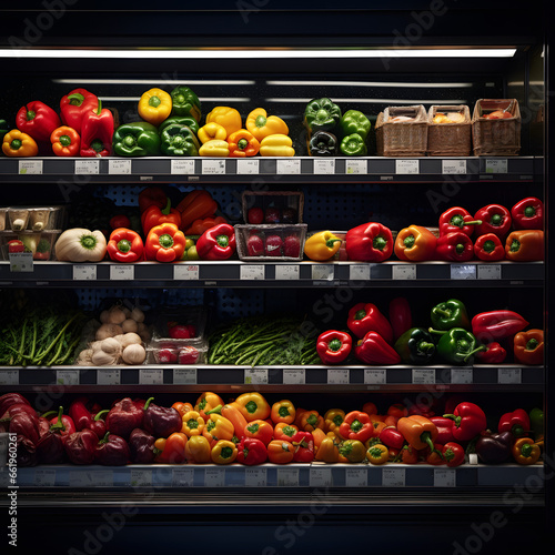 Fruits and vegetables in the refrigerated shelf of a supermarket.