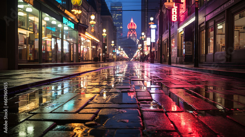 Neon City Streets: A photograph capturing the vibrant neon lights and reflections on wet city streets at night.
