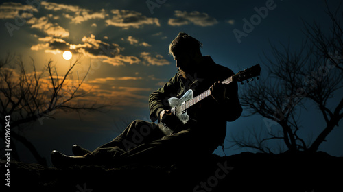 Serenading the Moon: A silhouette of a musician playing a guitar under the moonlight, with the moon as the primary light source. photo