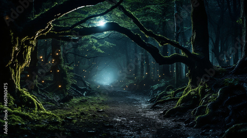 Mysterious Forest: An enchanting forest at night, with eerie yet fascinating natural night light filtering through the trees.