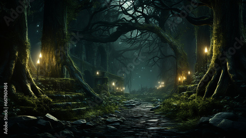 Mysterious Forest: An enchanting forest at night, with eerie yet fascinating natural night light filtering through the trees.