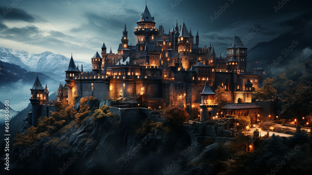 Naklejka premium Majestic Night Castle: An illuminated castle at night, perched on a hill, with a sense of grandeur and history.