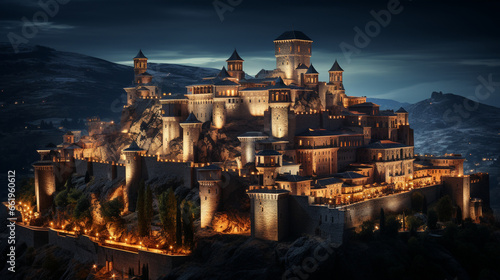 Majestic Night Castle: An illuminated castle at night, perched on a hill, with a sense of grandeur and history.