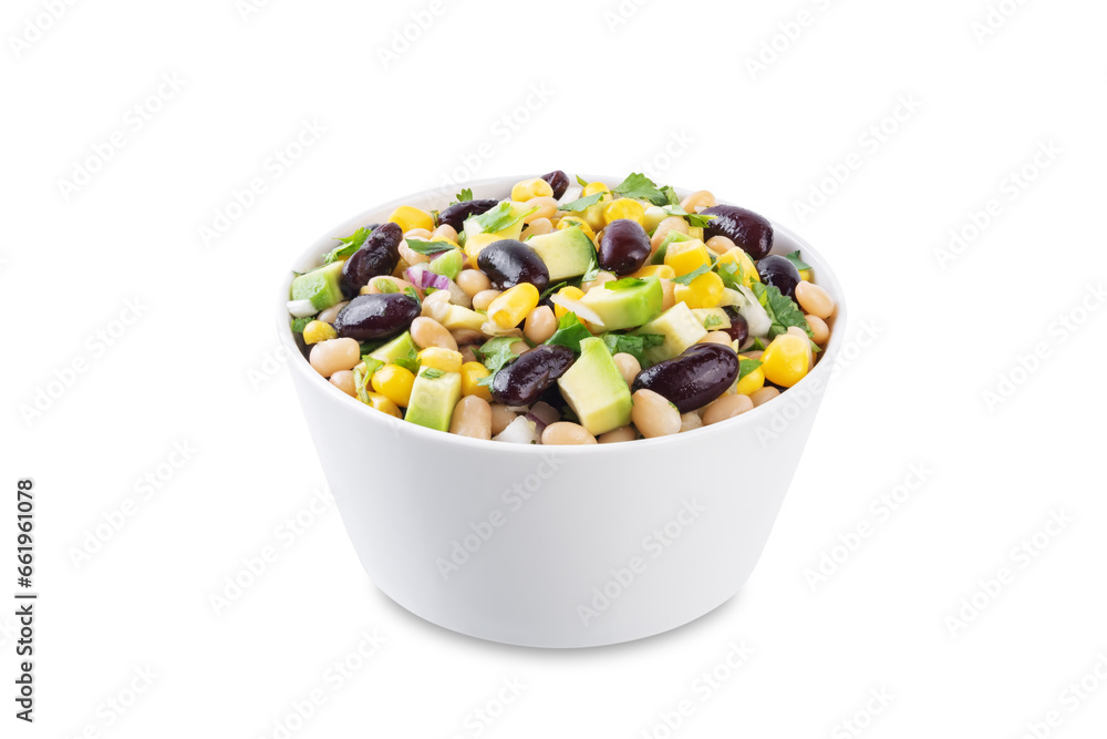 White beans kidney beans corn avocado salad in a bowl on a white isolated background White beans kidney beans corn avocado salad in a bowl on a white isolated background