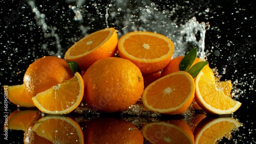 Pile of Oranges with Splashing Water Around.