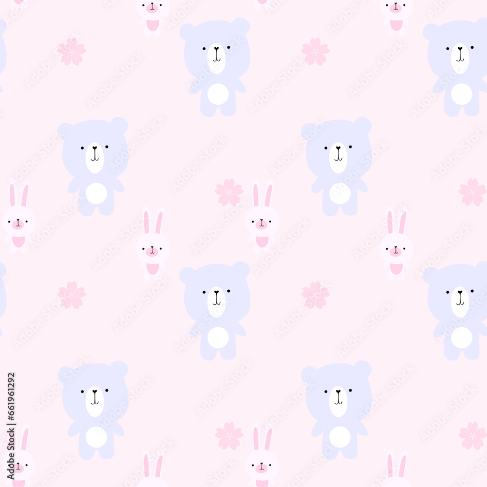 Cute Seamless pattern kawaii sweet animals cartoon character bear's flowers 