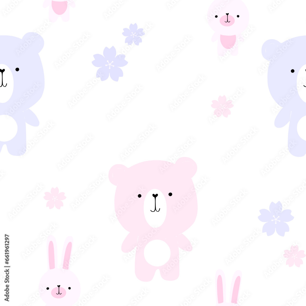 Kawaii animal seamless pattern vector, bears cartoon face background for card, textile, cover, kids fashion design illustration , pink, blue, purple  On white background 