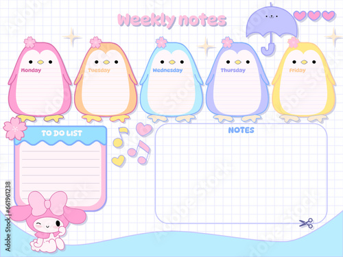Timetable Chalkboard diary kids inspiration notebook elements sticker design personal template kawaii cartoon penguin animal character on paper planner for school timetable notes 