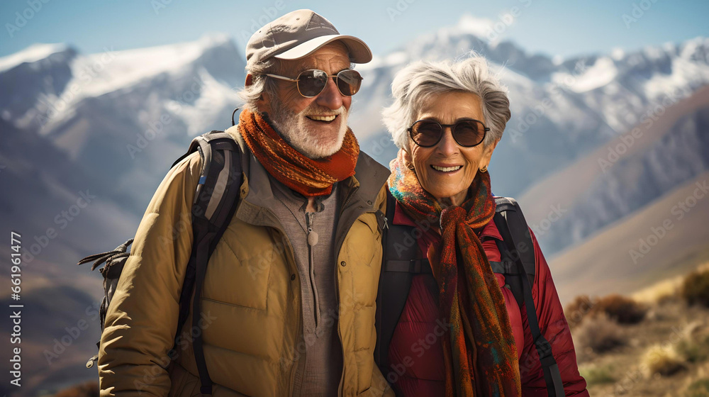 
elderly couple trekking in Bariloche, Argentine Patagonia, traveling through Latin America, nomadic style