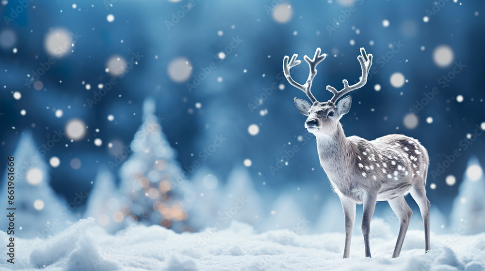 Background of a deer in christmas concept in beautiful winter environment. Deer highlighted amid snow and bluish tones with Christmas bokeh effect. Background of a deer in christmas concept in beautiful winter environment. Deer highlighted amid snow and bluish tones with Christmas bokeh effect.