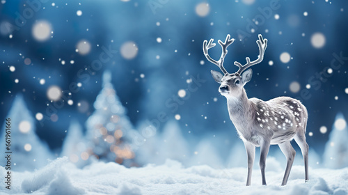 Background of a deer in christmas concept in beautiful winter environment. Deer highlighted amid snow and bluish tones with Christmas bokeh effect.