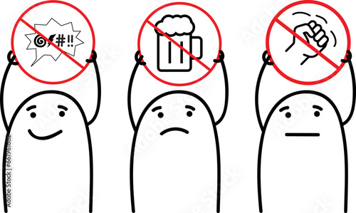 signs, prohibited, allowed, swearing, drink, fighting, stickman, stick, man internet, sketch, illustration, vintage, person, print, face, people, doodle, portrait, memes, tees, black, ink, art, elemen