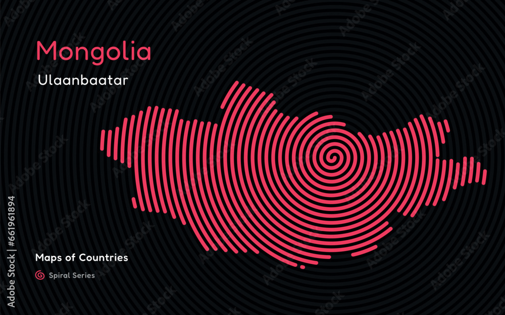 Isolated abstract spiral vector hatched map of Mongolia on a black background, identifying its capital city, Ulaanbaatar. Spiral fingerprint series
Isolated abstract spiral vector hatched map of Mongolia on a black background, identifying its capital city, Ulaanbaatar. Spiral fingerprint series