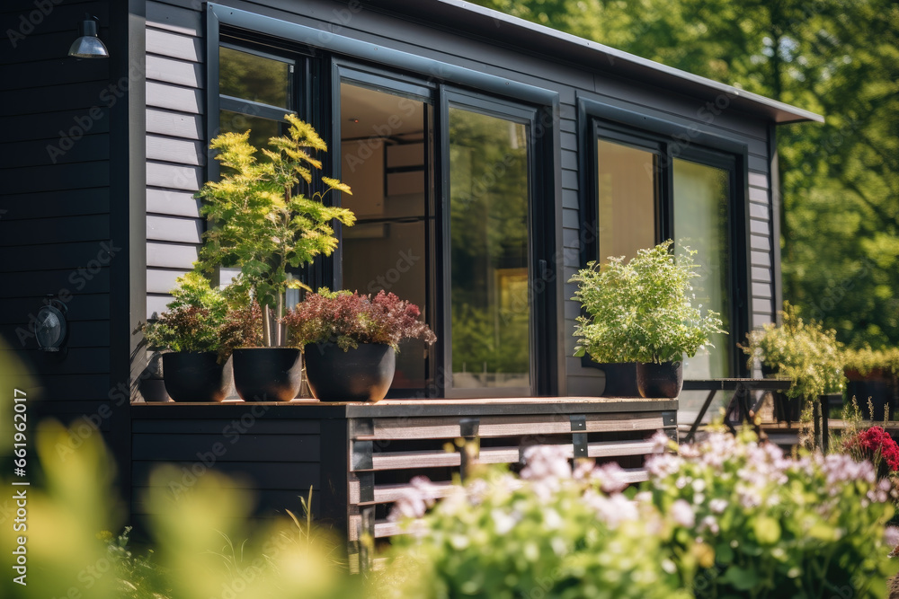 Modern tiny house made from old shipping containers. Sunny day, nicely decorated house environment. Shipping container houses is sustainable, eco-friendly living accommodation or holiday home