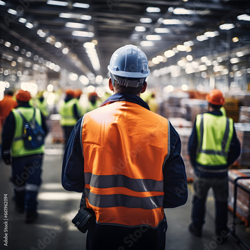 Occupational Health and Safety worker from behind in orange reflective vest and helmet standing in production hall with people around