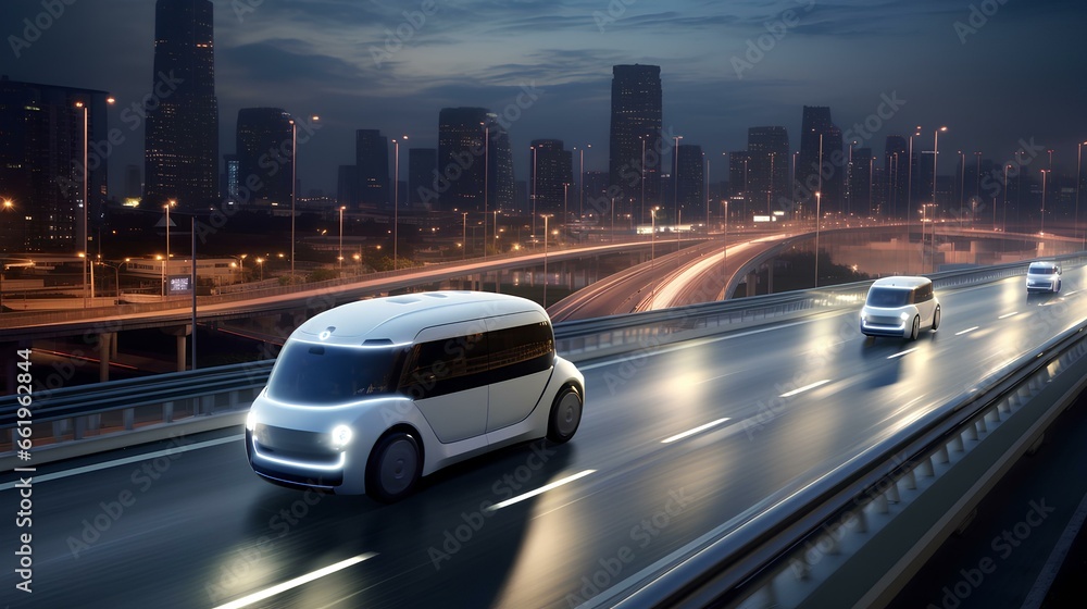 An unmanned car driving on a suburban highway, a futuristic taxi or personal transport of the near future.