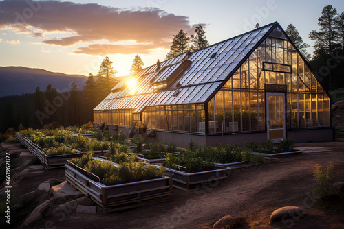glass, glass greenhouse, greenhouse, plants, spring, comfort, nature, berries, vegetables, household, dacha, vegetable garden, garden, house, village, landscape, cottage, mountain, wooden, old, sky, b