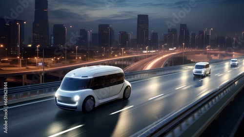 An unmanned car driving on a suburban highway, a futuristic taxi or personal transport of the near future.