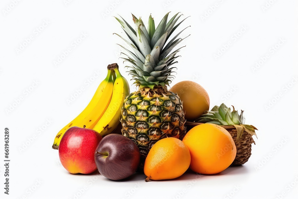fruits pineapple, apple, orange, banana on white background. generative AI fruits pineapple, apple, orange, banana on white background. generative AI