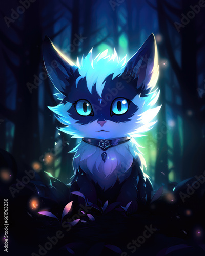 Fantasy cat in the forest. Vector illustration in cartoon style