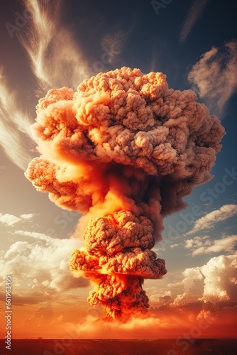 Nuclear bomb explosion. Mushroom effect with smoke and fire. Ai Generative