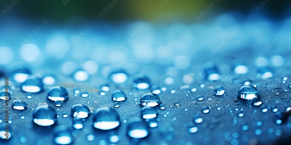 Rain Drops, Water droplets on a blue surface with the sun shining on them. Blue Water Drops,  generative ai