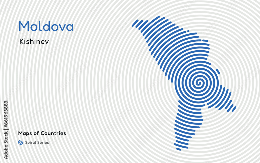 Isolated abstract spiral vector hatched map of Moldova on a white background, identifying its capital city, Kishinev. Spiral fingerprint series
Isolated abstract spiral vector hatched map of Moldova on a white background, identifying its capital city, Kishinev. Spiral fingerprint series