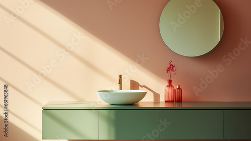 bathroom with mirror, olive and coral color palette, generative ai 