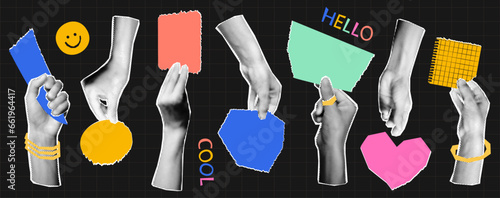 Halftone hands holding torn paper notes set. Cutout magazine shapes, modern retro collage elements for mixed media design with copy space for text. Trendy vector illustration